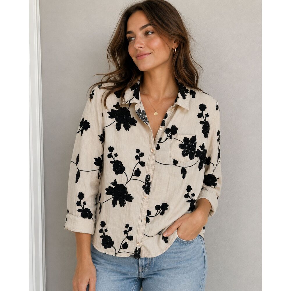 Anthropologie Beige Button-Front Blouse with Black Floral Appliqué